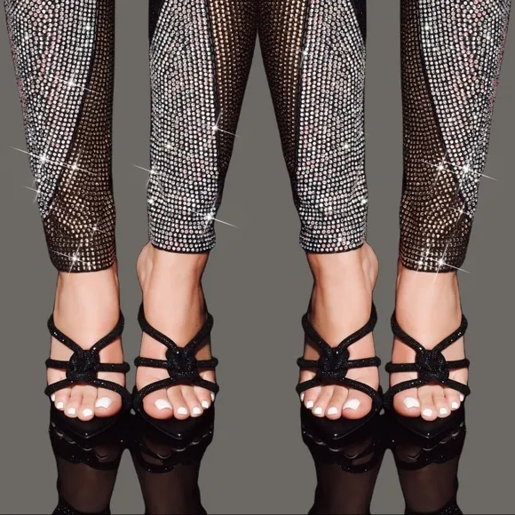 🆕️🆑 EMBELLISHED HEELED MUEL Black Pointed Toe Knotted Detail Strap Stilettos 8