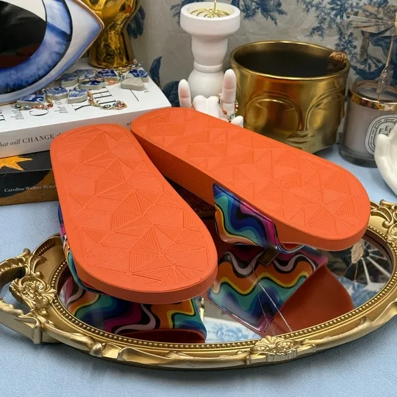 🆕 KURT GEIGER LONDON 🧿 NWOB Brixton Plate Pool Slide, Groovy Orange - Sz 7