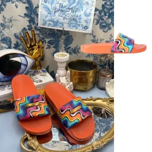 🆕 KURT GEIGER LONDON 🧿 NWOB Brixton Plate Pool Slide, Groovy Orange - Sz 7