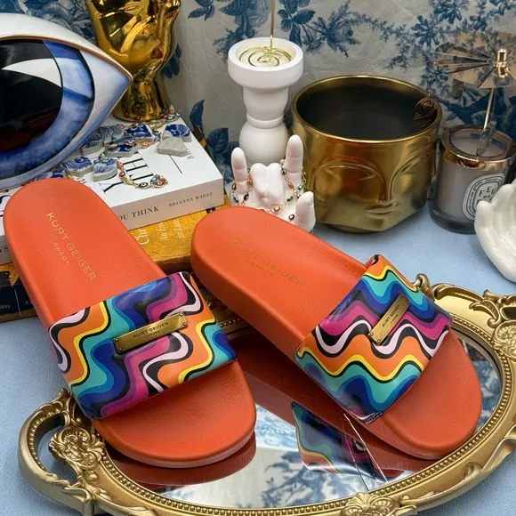 🆕 KURT GEIGER LONDON 🧿 NWOB Brixton Plate Pool Slide, Groovy Orange - Sz 7