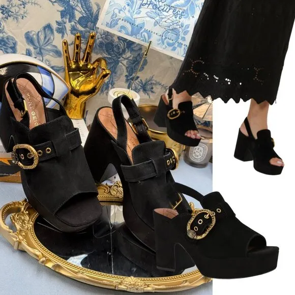 🆕 KURT GEIGER LONDON 🧿 NWOB Mayfair Platform Sling Mules, Black Suede - Sz 7.5