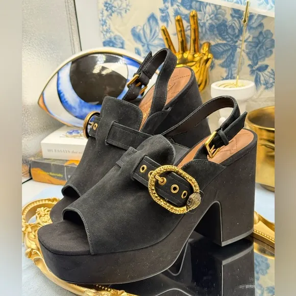 🆕 KURT GEIGER LONDON 🧿 NWOB Mayfair Platform Sling Mules, Black Suede - Sz 7.5