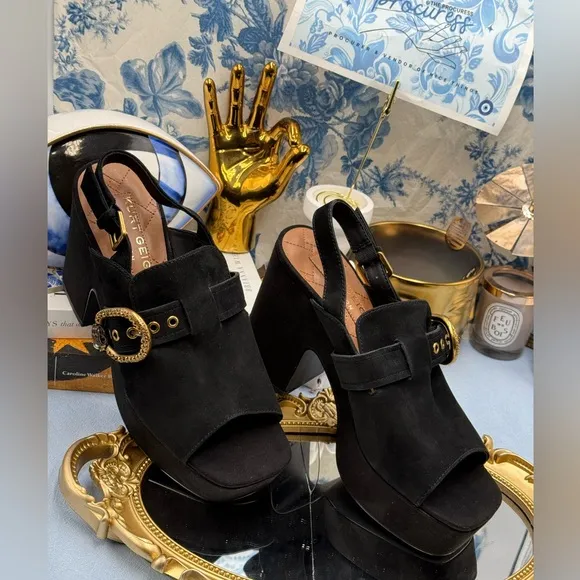 🆕 KURT GEIGER LONDON 🧿 NWOB Mayfair Platform Sling Mules, Black Suede - Sz 7.5