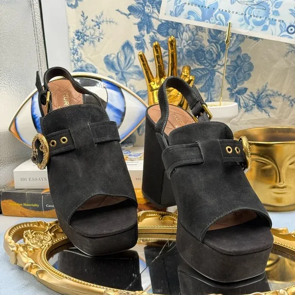 🆕 KURT GEIGER LONDON 🧿 NWOB Mayfair Platform Sling Mules, Black Suede - Sz 7.5