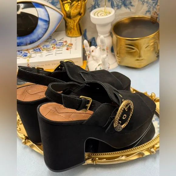 🆕 KURT GEIGER LONDON 🧿 NWOB Mayfair Platform Sling Mules, Black Suede - Sz 7.5