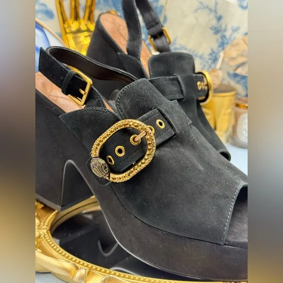 🆕 KURT GEIGER LONDON 🧿 NWOB Mayfair Platform Sling Mules, Black Suede - Sz 7.5