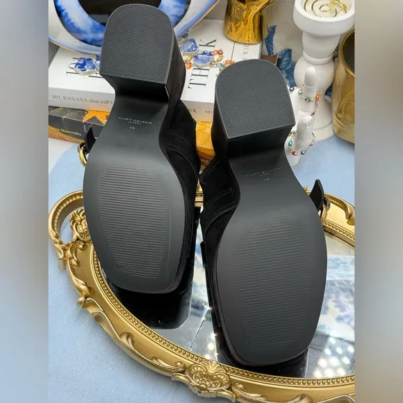 🆕 KURT GEIGER LONDON 🧿 NWOB Mayfair Platform Sling Mules, Black Suede - Sz 7.5