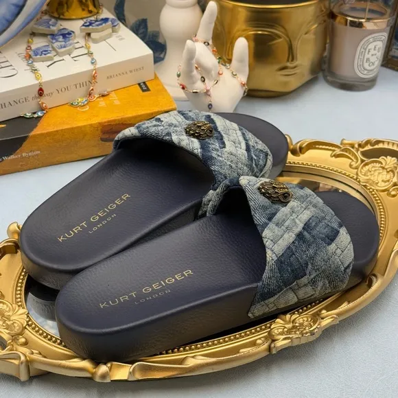 🆕 KURT GEIGER LONDON 🧿 NWOT Blue Denim Meena Eagle Slides, Sz EU 36 US 6