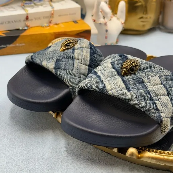 🆕 KURT GEIGER LONDON 🧿 NWOT Blue Denim Meena Eagle Slides, Sz EU 36 US 6