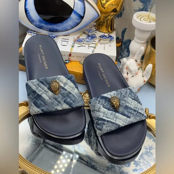 🆕 KURT GEIGER LONDON 🧿 NWOT Blue Denim Meena Eagle Slides, Sz EU 36 US 6