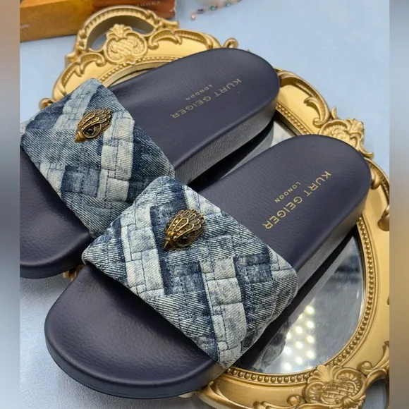 🆕 KURT GEIGER LONDON 🧿 NWOT Blue Denim Meena Eagle Slides, Sz EU 36 US 6