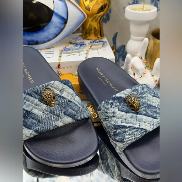 🆕 KURT GEIGER LONDON 🧿 NWOT Blue Denim Meena Eagle Slides, Sz EU 36 US 6
