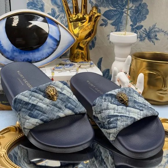 🆕 KURT GEIGER LONDON 🧿 NWOT Blue Denim Meena Eagle Slides, Sz EU 36 US 6