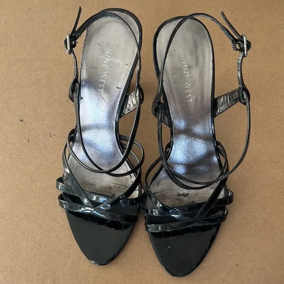 ⭐️ Nine West black patent leather strappy metal industrial statement heel 7