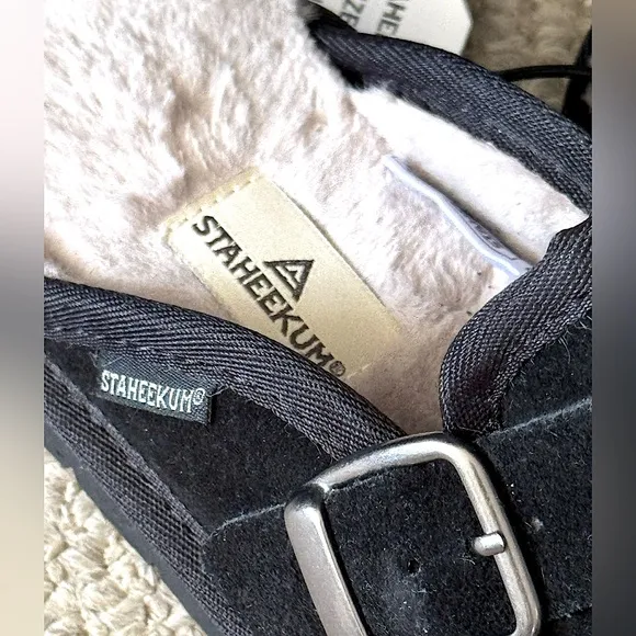 🤩 NWT New Staheekum Chelan Clog Black Suede Slip-On Mules with Buckle 6 Fur