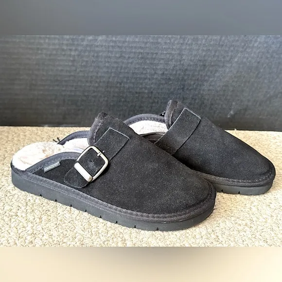 🤩 NWT New Staheekum Chelan Clog Black Suede Slip-On Mules with Buckle 6 Fur