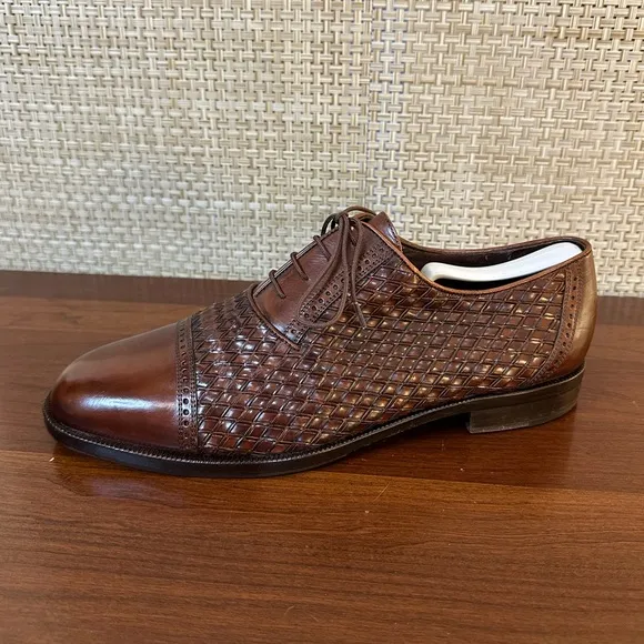🌟2xHP🌟VTG1980s Cole Haan Bragano Brown Leather Woven Oxfords Vibram Soles Italy