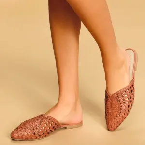 42 GOLD Tan Leather Charmed Woven Mules