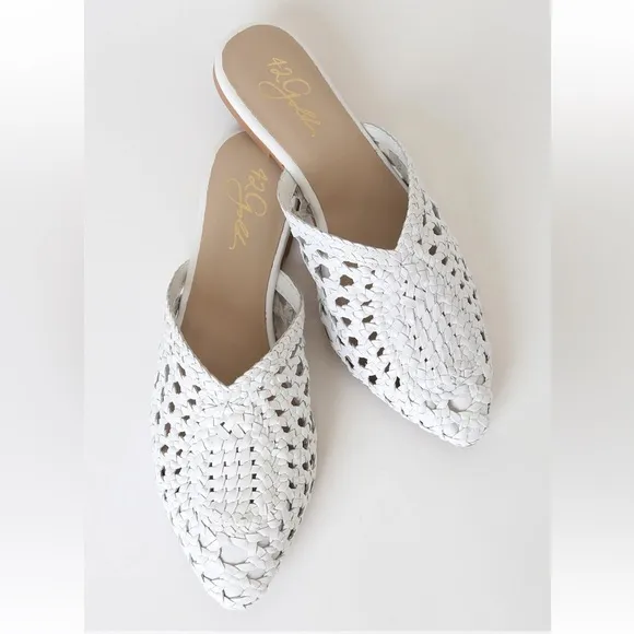 42 GOLD White Leather Charmed Woven Mules