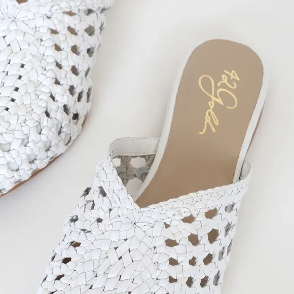 42 GOLD White Leather Charmed Woven Mules