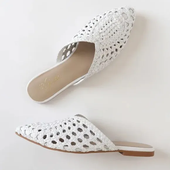 42 GOLD White Leather Charmed Woven Mules