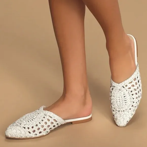 42 GOLD White Leather Charmed Woven Mules