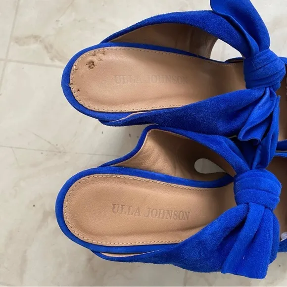 $550 Ulla Johnson Lucia Blue Suede Bow Pointed Toe Block Heels Mules size 9.5