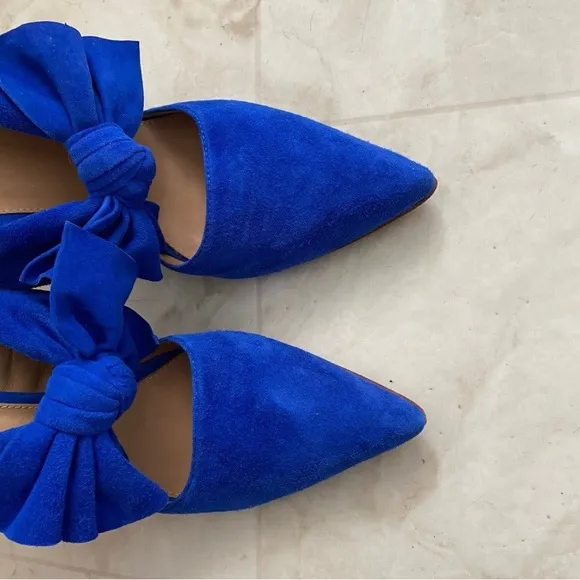 $550 Ulla Johnson Lucia Blue Suede Bow Pointed Toe Block Heels Mules size 9.5