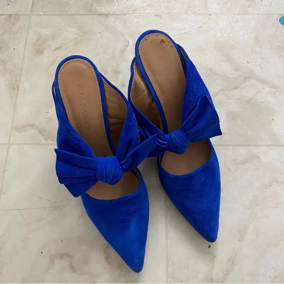 $550 Ulla Johnson Lucia Blue Suede Bow Pointed Toe Block Heels Mules size 9.5