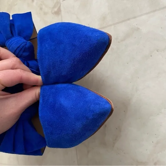 $550 Ulla Johnson Lucia Blue Suede Bow Pointed Toe Block Heels Mules size 9.5