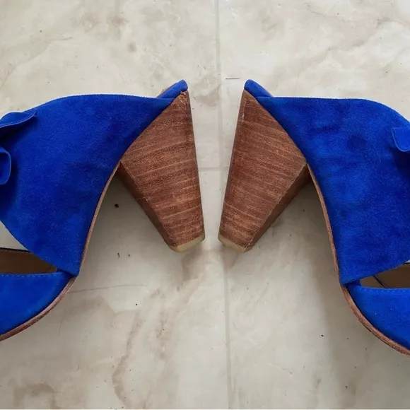 $550 Ulla Johnson Lucia Blue Suede Bow Pointed Toe Block Heels Mules size 9.5