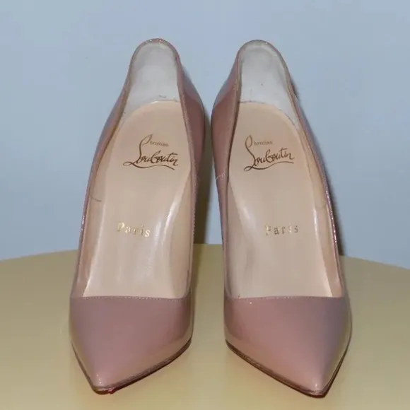 $795 CHRISTIAN LOUBOUTIN SO KATE 120 PATENT LEATHER NUDE HEELS PUMPS SIZE 34.5