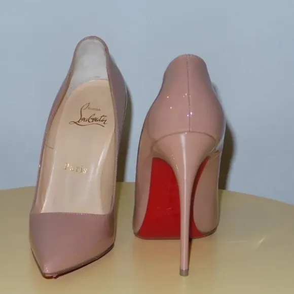 $795 CHRISTIAN LOUBOUTIN SO KATE 120 PATENT LEATHER NUDE HEELS PUMPS SIZE 34.5