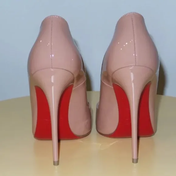 $795 CHRISTIAN LOUBOUTIN SO KATE 120 PATENT LEATHER NUDE HEELS PUMPS SIZE 34.5