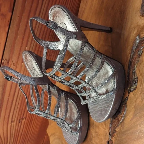 Adrianna Papell | metallic silver rhinestone strappy high heels