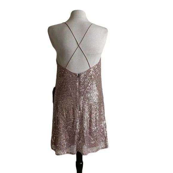 Adrianna Papell‎ Strappy Sequined Crisscross Cocktail Rose Gold Mini Dress
