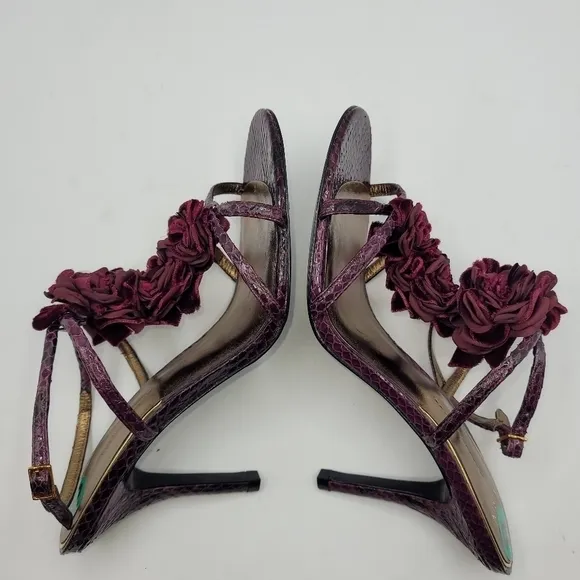 Aerin Collonade Burgundy Leather Snake Embossed Strappy Heels T-Strap Size 8 M.