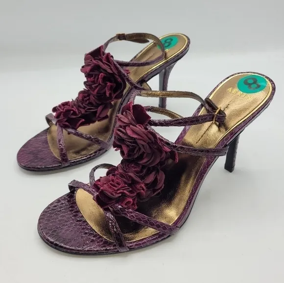 Aerin Collonade Burgundy Leather Snake Embossed Strappy Heels T-Strap Size 8 M.