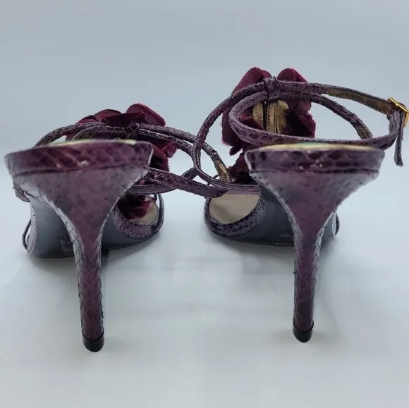 Aerin Collonade Burgundy Leather Snake Embossed Strappy Heels T-Strap Size 8 M.