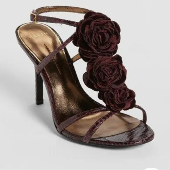 Aerin Collonade Burgundy Leather Snake Embossed Strappy Heels T-Strap Size 8 M.