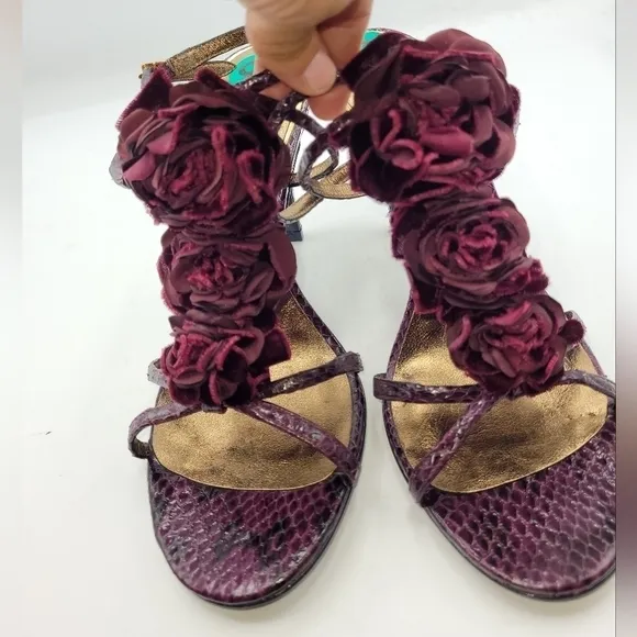 Aerin Collonade Burgundy Leather Snake Embossed Strappy Heels T-Strap Size 8 M.