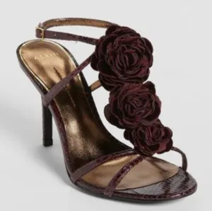 Aerin Collonade Burgundy Leather Snake Embossed Strappy Heels T-Strap Size 8 M.