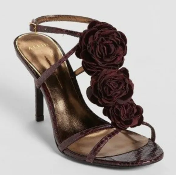 Aerin Collonade Burgundy Leather Snake Embossed Strappy Heels T-Strap Size 8 M.