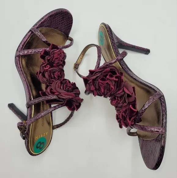 Aerin Collonade Burgundy Leather Snake Embossed Strappy Heels T-Strap Size 8 M.
