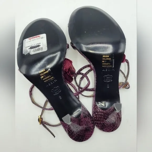 Aerin Collonade Burgundy Leather Snake Embossed Strappy Heels T-Strap Size 8 M.