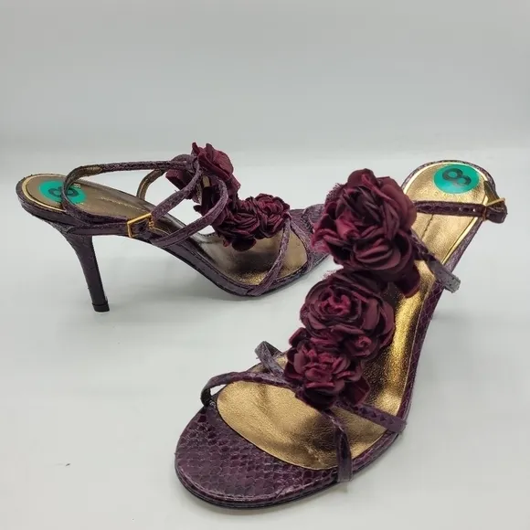 Aerin Collonade Burgundy Leather Snake Embossed Strappy Heels T-Strap Size 8 M.