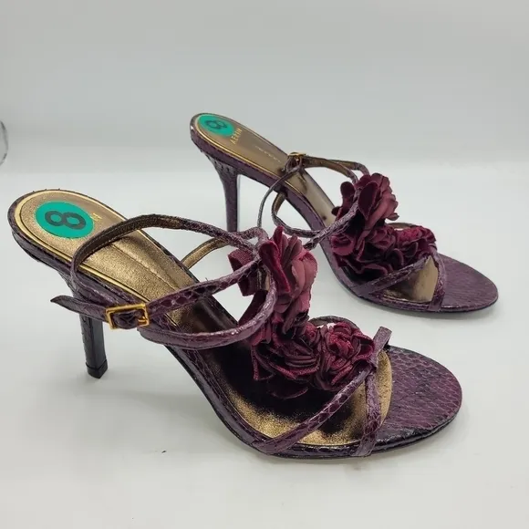 Aerin Collonade Burgundy Leather Snake Embossed Strappy Heels T-Strap Size 8 M.