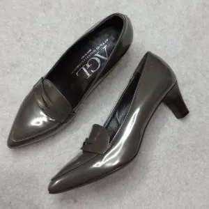 AGL Grey Patent Pointed Toe Penny Loafer Pump Wetty Pebble Heels SZ 37.5