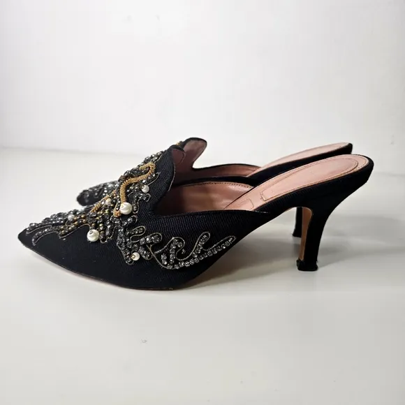 Alberta Ferreti Mia Heeled Mules Sz 6.5 /37 EU Black Pointy Toe  Embellished