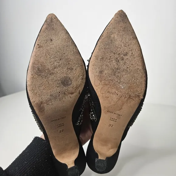 Alberta Ferreti Mia Heeled Mules Sz 6.5 /37 EU Black Pointy Toe  Embellished